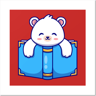 Cute Polar Bear With Book Cartoon Posters and Art